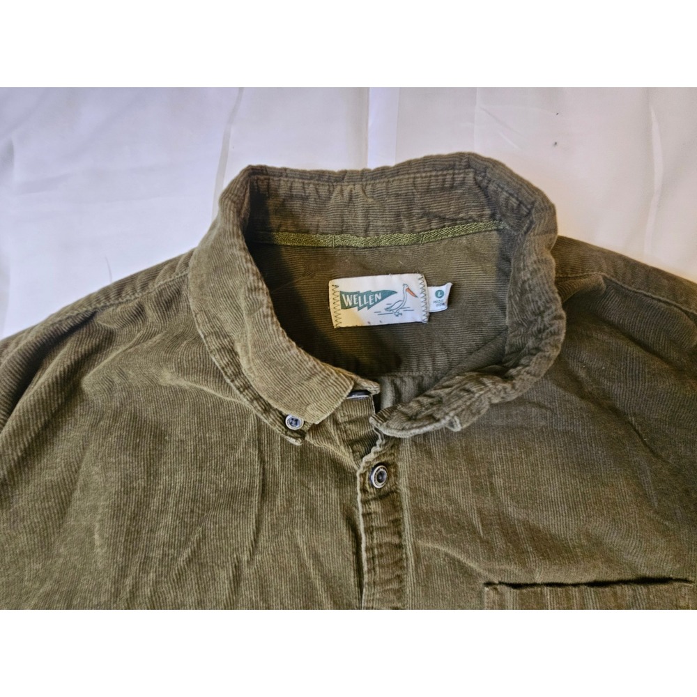 Wellen Mens Olive Green Organic Cotton Corduroy Button Down Shirt Large